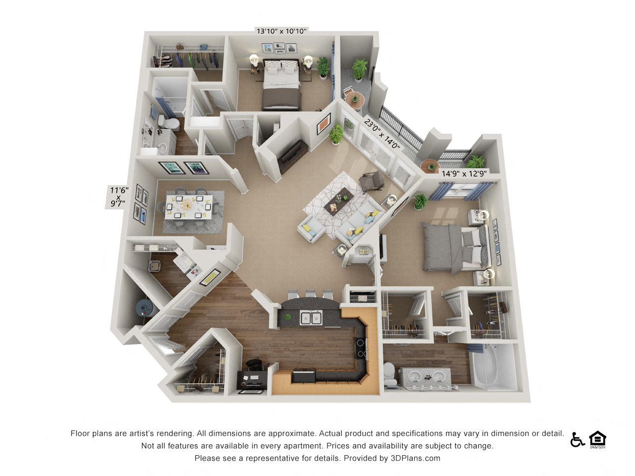 Floor plan for 2 beds, 2 baths, 1600 sqft